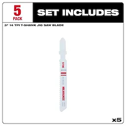 Five-pack of 3-inch, 14 TPI, T-shank, bi-metal jig saw blades designed for cutting metal. Blades have a white background with red text.