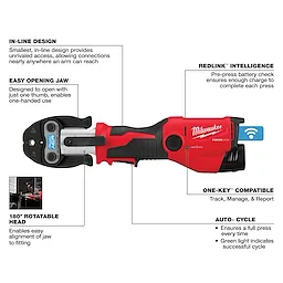 M12 FORCE LOGIC PRESS TOOL KIT w/ ONE KEY with 3/8", 3/4", & 7/8" Streamline ACR Press Jaws shown with feature labels.