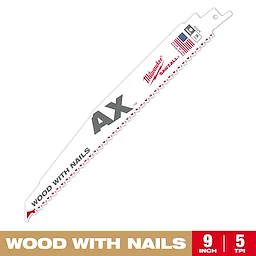 Milwaukee AX Sawzall blade designed for cutting wood with nails, measuring 9 inches in length and featuring 5 teeth per inch. The blade is silver with red and black text, including an American flag symbol.
