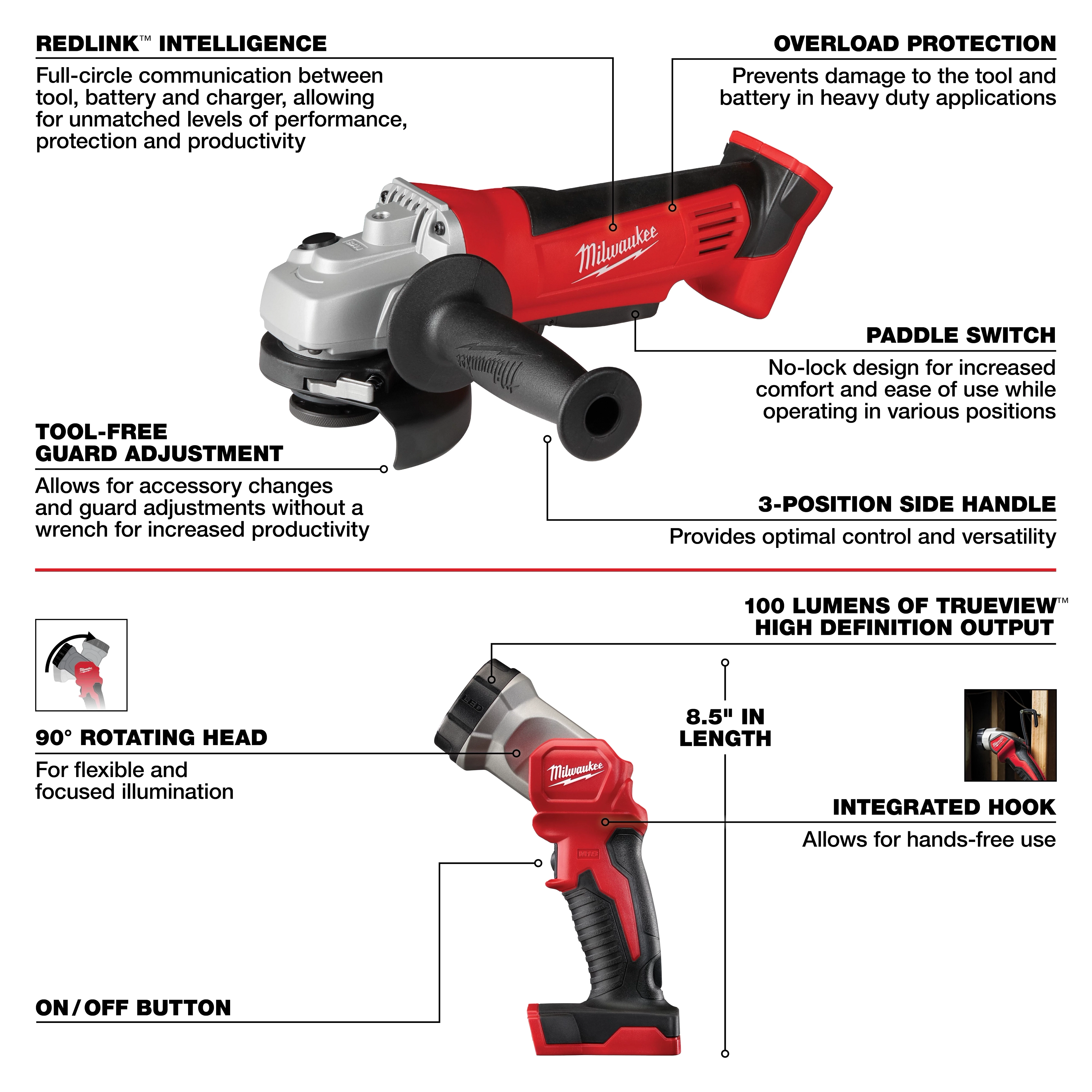 Includes a grinder and an LED work light. The grinder has a paddle switch, tool-free guard adjustment, overload protection, and a 3-position side handle. The work light has a 90° rotating head, 100 lumens output, integrated hook, and on/off button.