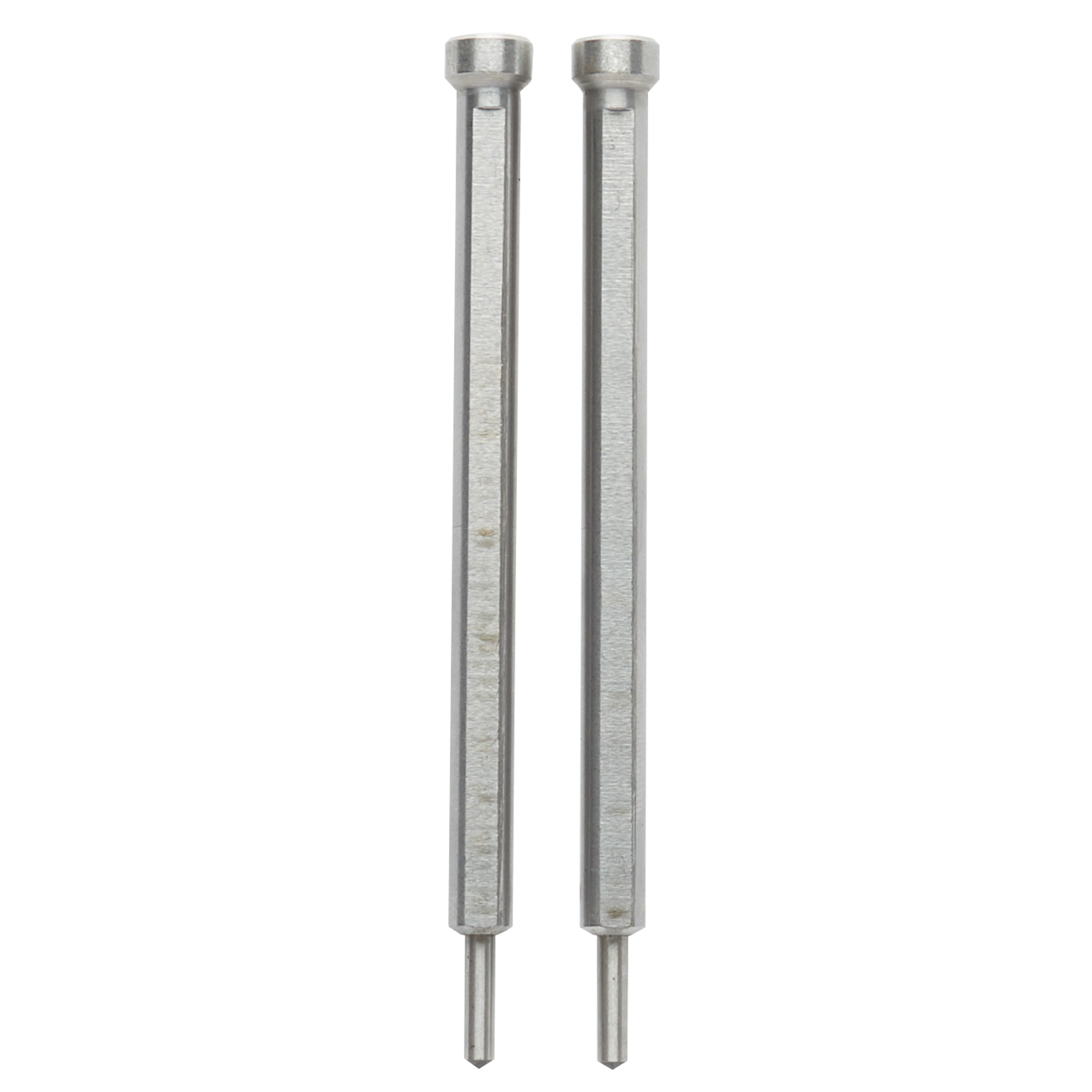 The image displays two Retractable Pilot Pins, which are slender, metallic tools with hexagonal bodies and pointed ends. They have a sleek, silver finish and are designed for precision drilling tasks.
