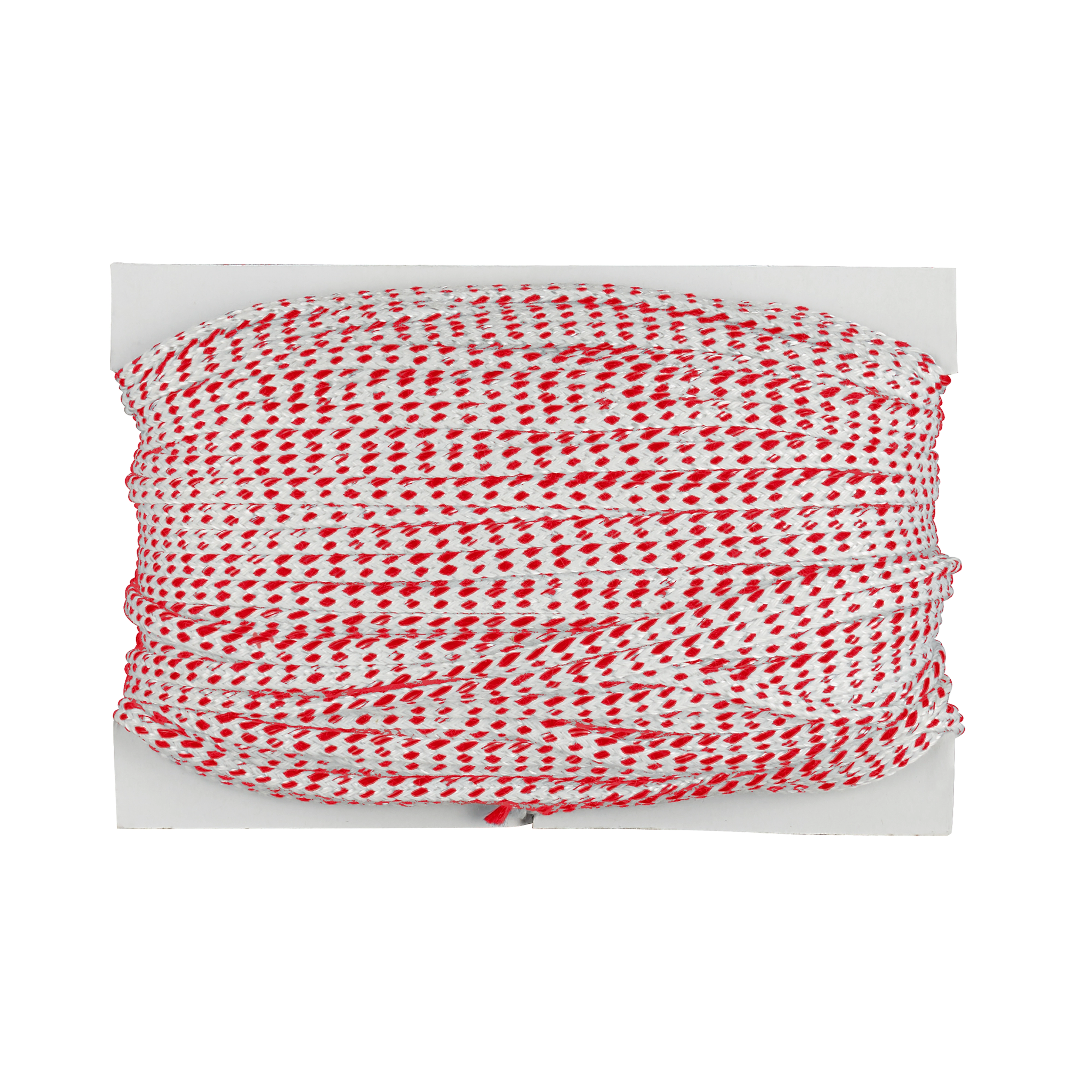 Coiled around a rectangular card, the 150%27%20Extra%20Bold%20Replacement%20Line is a durable white line interwoven with red threading. Ideal for outdoor equipment requiring sturdy, high-visibility lines.