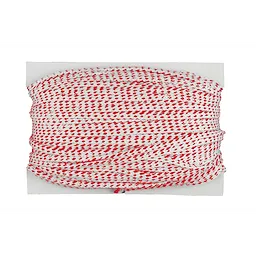 Coiled around a rectangular card, the 150%27%20Extra%20Bold%20Replacement%20Line is a durable white line interwoven with red threading. Ideal for outdoor equipment requiring sturdy, high-visibility lines.