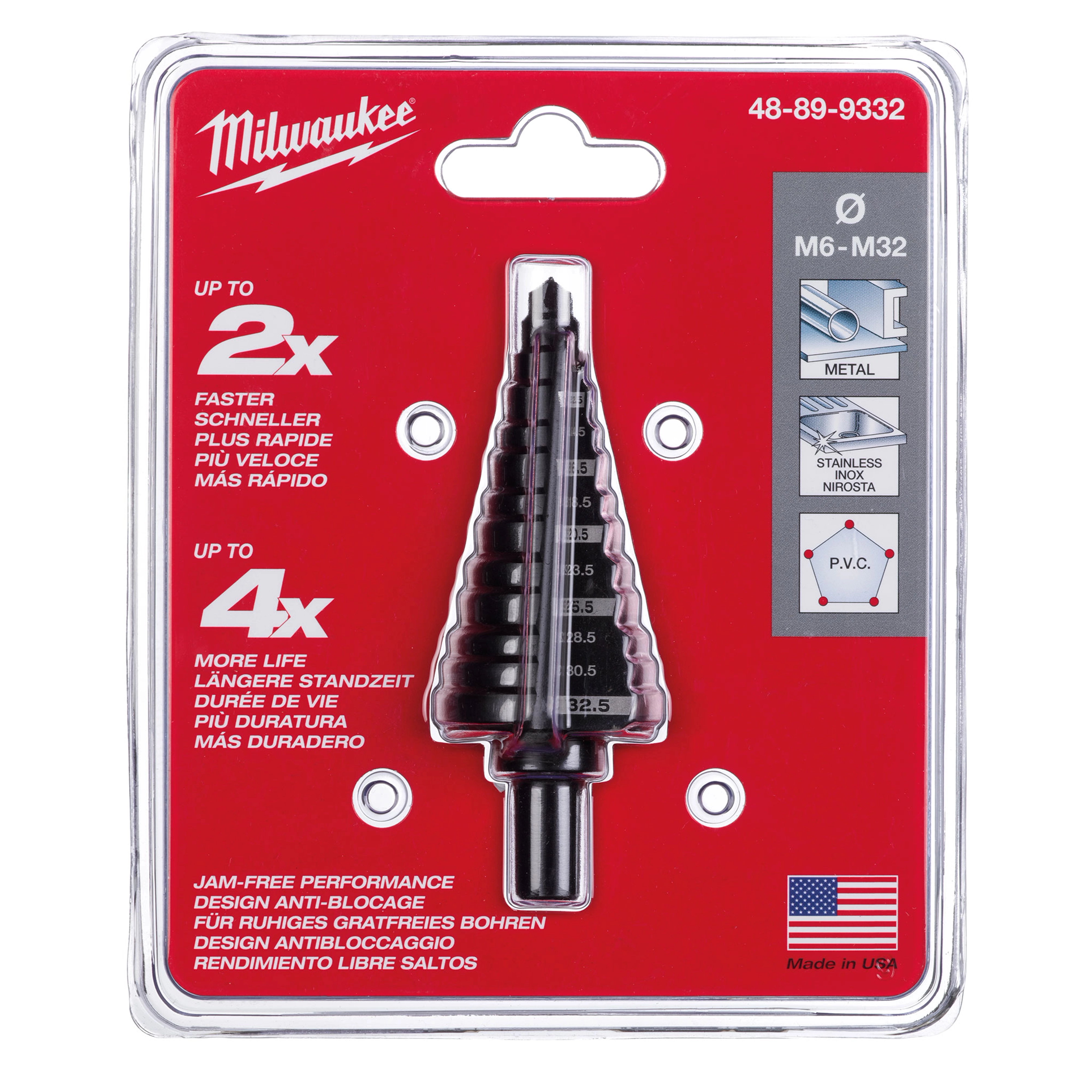 Milwaukee STEP BIT M6-M32 (32.5MM) on a red card. Features include up to 2x faster drilling, 4x longer life, and jam-free performance.