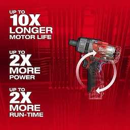 M12 FUEL 1/4" Hex 2-Speed Screwdriver displayed with text highlighting 10x longer motor life, 2x more power, and 2x more run-time.