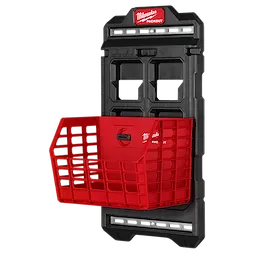 Milwaukee PACKOUT Compact Wall Plate with a red basket attached, designed for tool storage and organization.