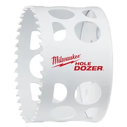 Milwaukee 3" Hole Dozer Bi-Metal Hole Saw with white body, large side holes, and red logo for cutting holes in various materials.