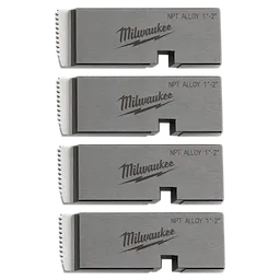 Four Milwaukee 1"-2" ALLOY NPT Universal Pipe Threading Dies are displayed. They are grey, rectangular, with teeth on one end.