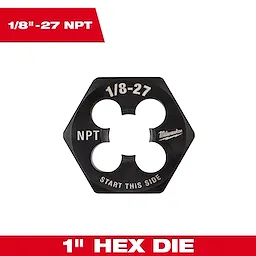 1/8"-27 NPT 1-Inch Hex Threading Die, marked with threading size and instructions, displayed on a white background.