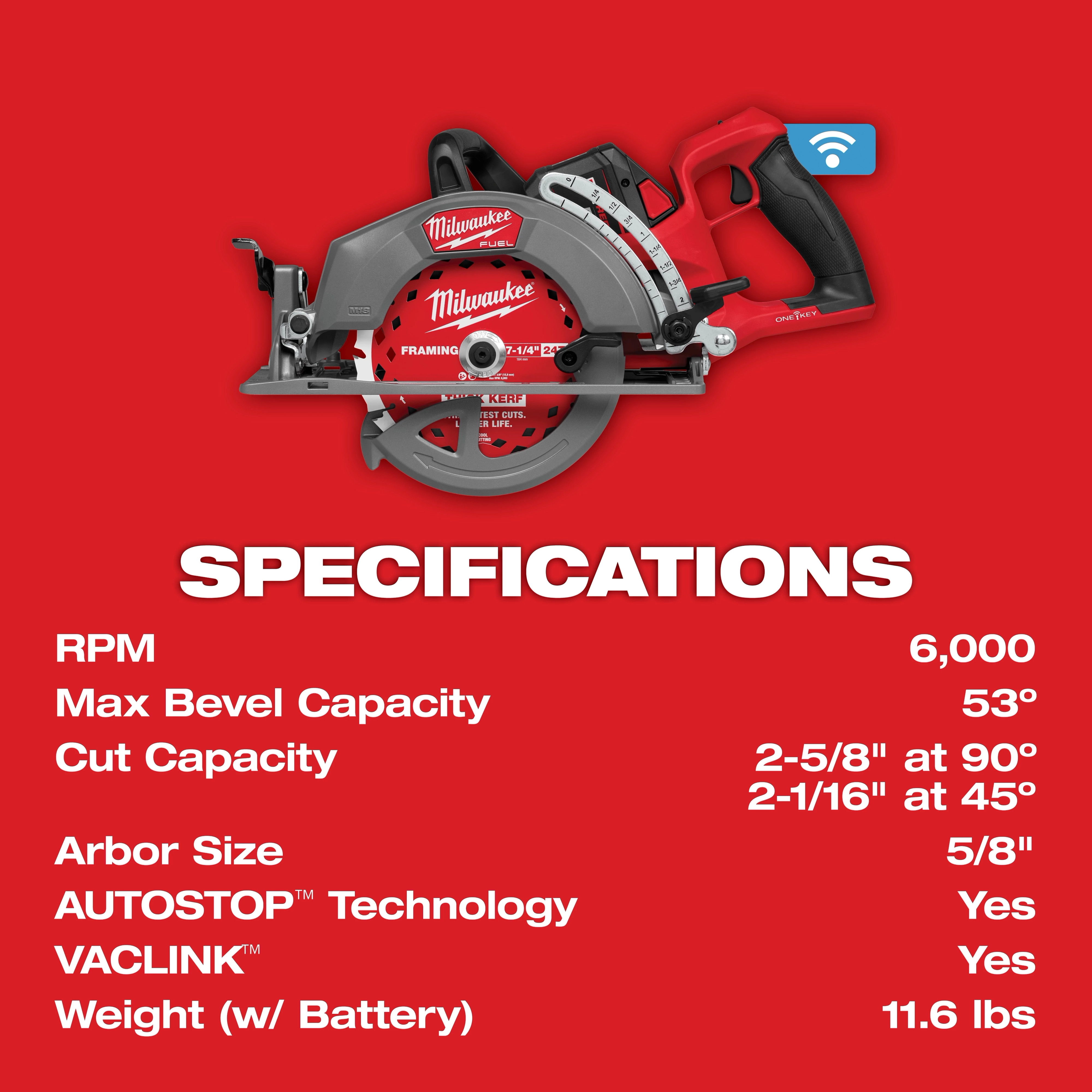 Milwaukee M18 FUEL™ 7-1/4" Rear Handle Circular Saw w/ONE-KEY™. Specifications include RPM: 6,000, Max Bevel: 53°, Cut: 2-5/8", Weight: 11.6 lbs.