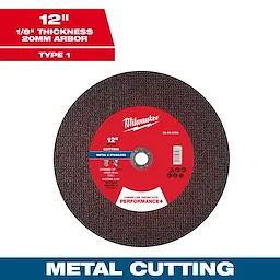 12" Performance+ Metal Cut Off Wheel, Type 1, 1/8" thickness, 20mm arbor, for cutting metal and stainless steel.
