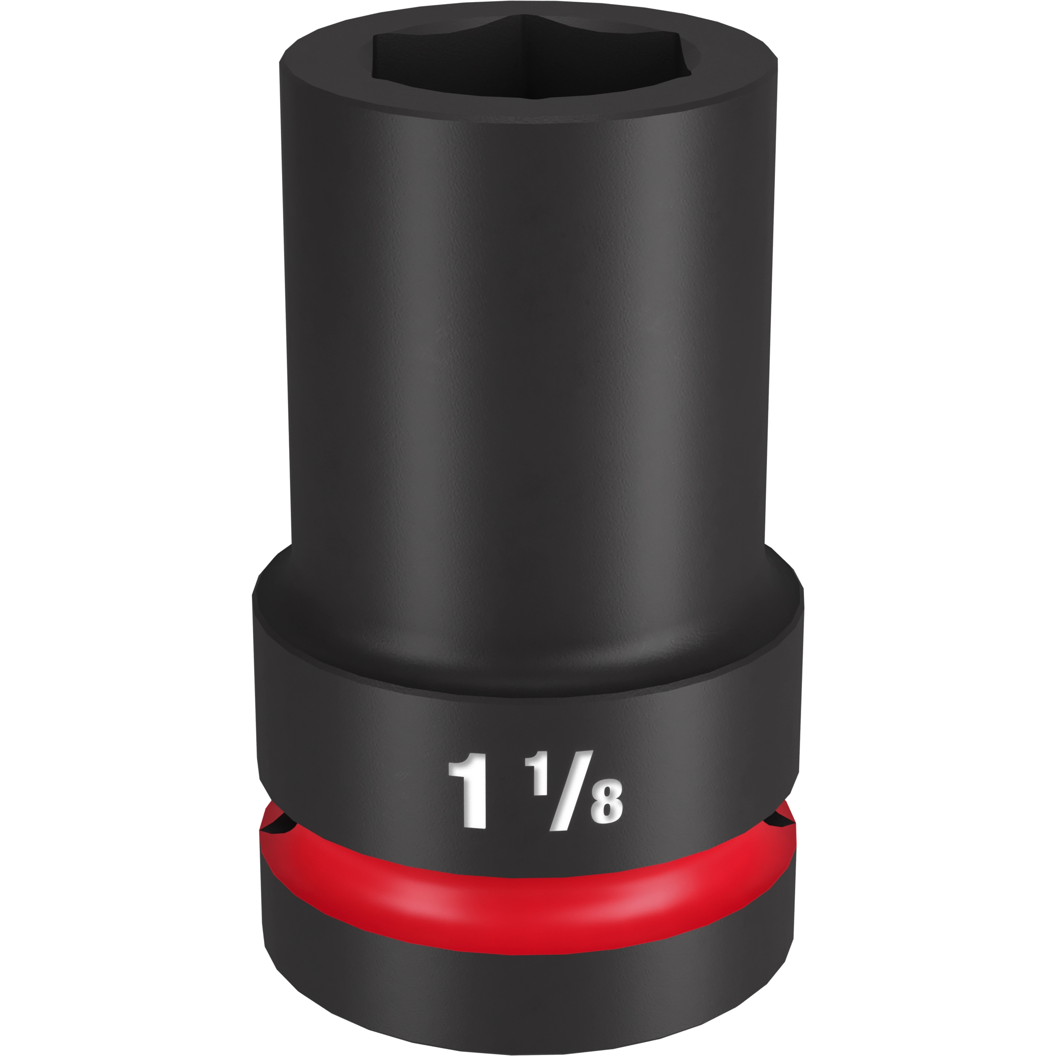 The 1" DR 1-1/8" Deep Impact Socket is a black, cylindrical tool designed for heavy-duty applications. It features a hexagonal interior for secure fastening and a red band around the base for easy identification. The size marking, "1 1/8," is clearly visible on the side.