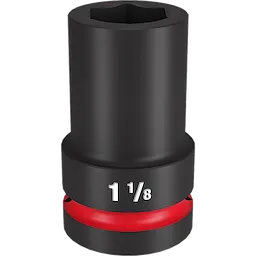 The 1" DR 1-1/8" Deep Impact Socket is a black, cylindrical tool designed for heavy-duty applications. It features a hexagonal interior for secure fastening and a red band around the base for easy identification. The size marking, "1 1/8," is clearly visible on the side.
