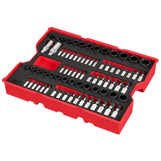 A red and black tray containing a 77-piece socket set for 1/4" and 3/8" drive metric, SAE, and TORX® is shown. The set, designed for PACKOUT™ drawers, has various sockets and bits neatly organized within the compartmentalized tray.