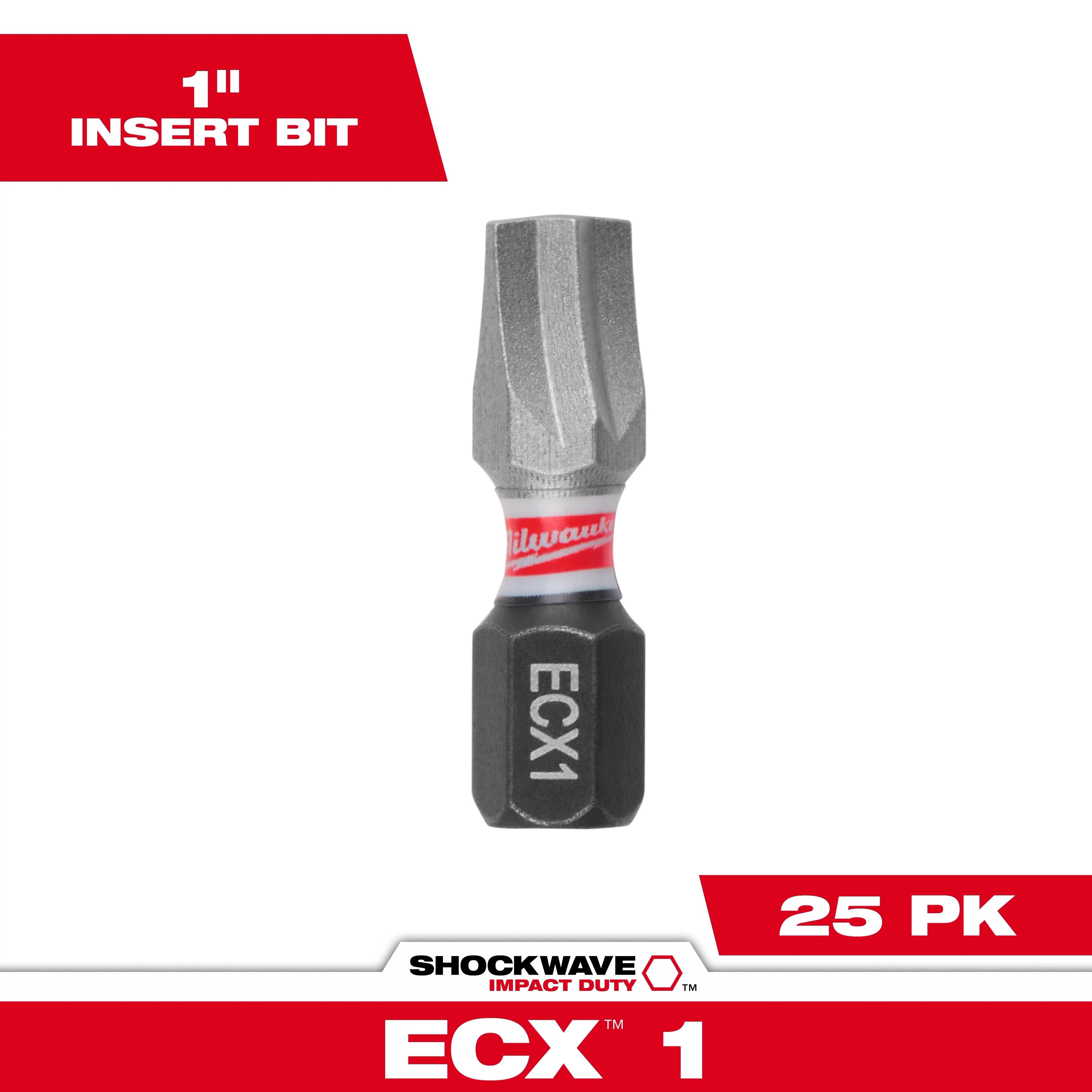 The image shows a SHOCKWAVE™ 1" Impact Duty ECX™ 1 insert bit. The product is a 25-pack of durable screwdriver bits designed for impact duty applications. The bit is metallic with a black base marked "ECX1" and a red and white ring.