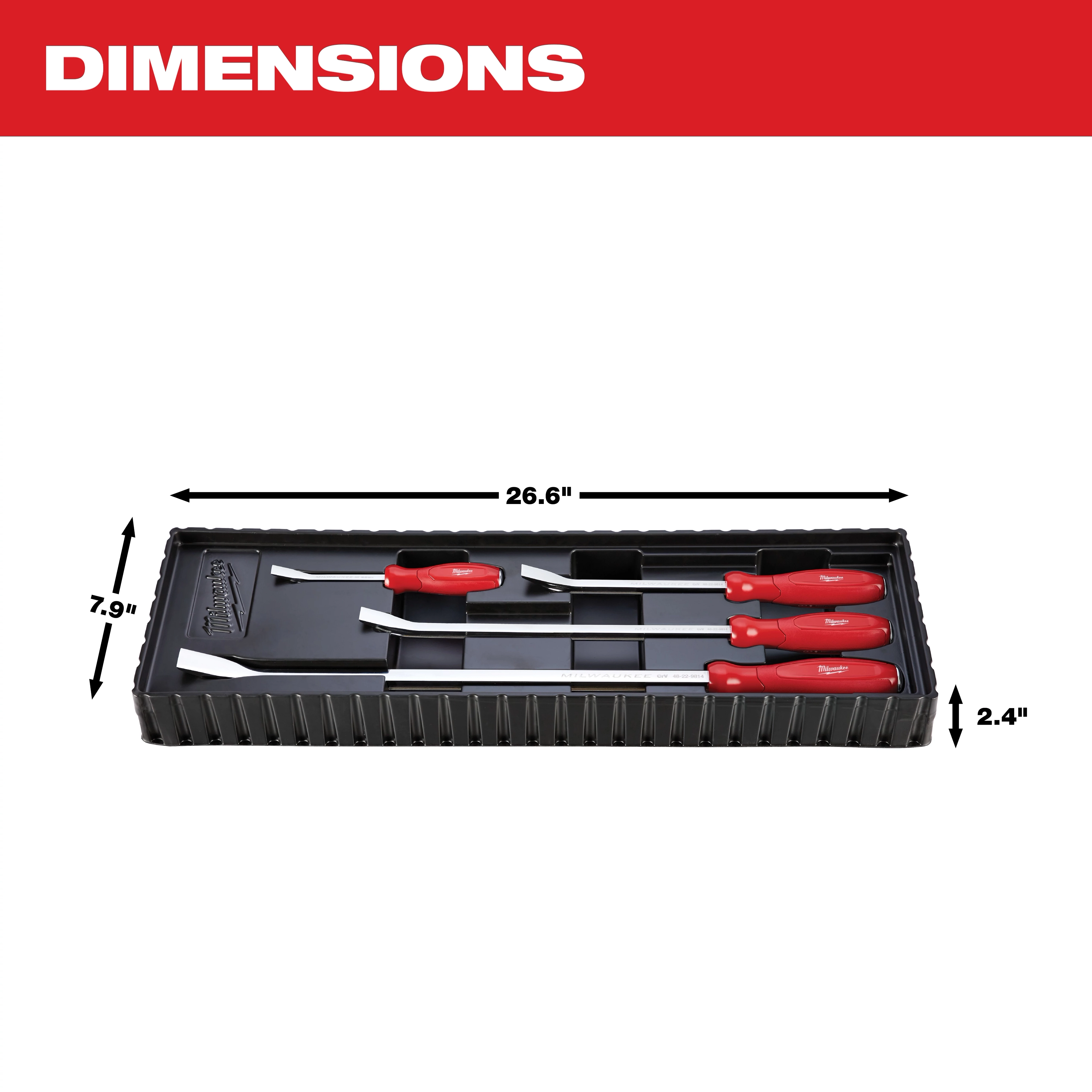 The image shows a black tray containing four red-handled tools with dimensions labeled: 26.6 inches in length, 7.9 inches in width, and 2.4 inches in height. The word "DIMENSIONS" is written in bold white letters on a red background at the top.