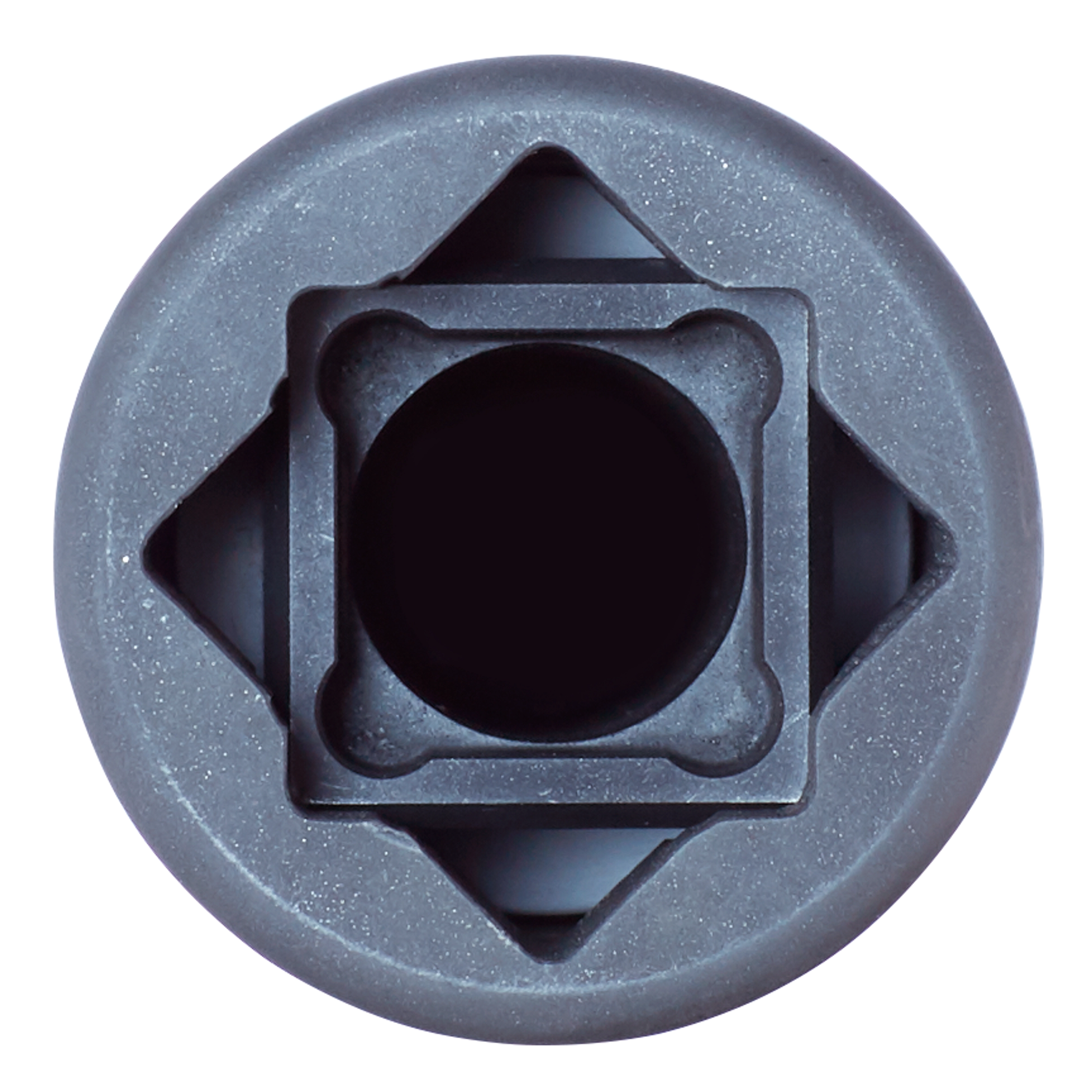 The SHOCKWAVE™ Lineman's 3-in-1 Distribution Utility & Transmission Sockets are cylindrical tools with a square central hole. The product is designed with a durable finish and geometric cutouts, providing versatility for various utility tasks.