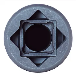 The SHOCKWAVE™ Lineman's 3-in-1 Distribution Utility & Transmission Sockets are cylindrical tools with a square central hole. The product is designed with a durable finish and geometric cutouts, providing versatility for various utility tasks.