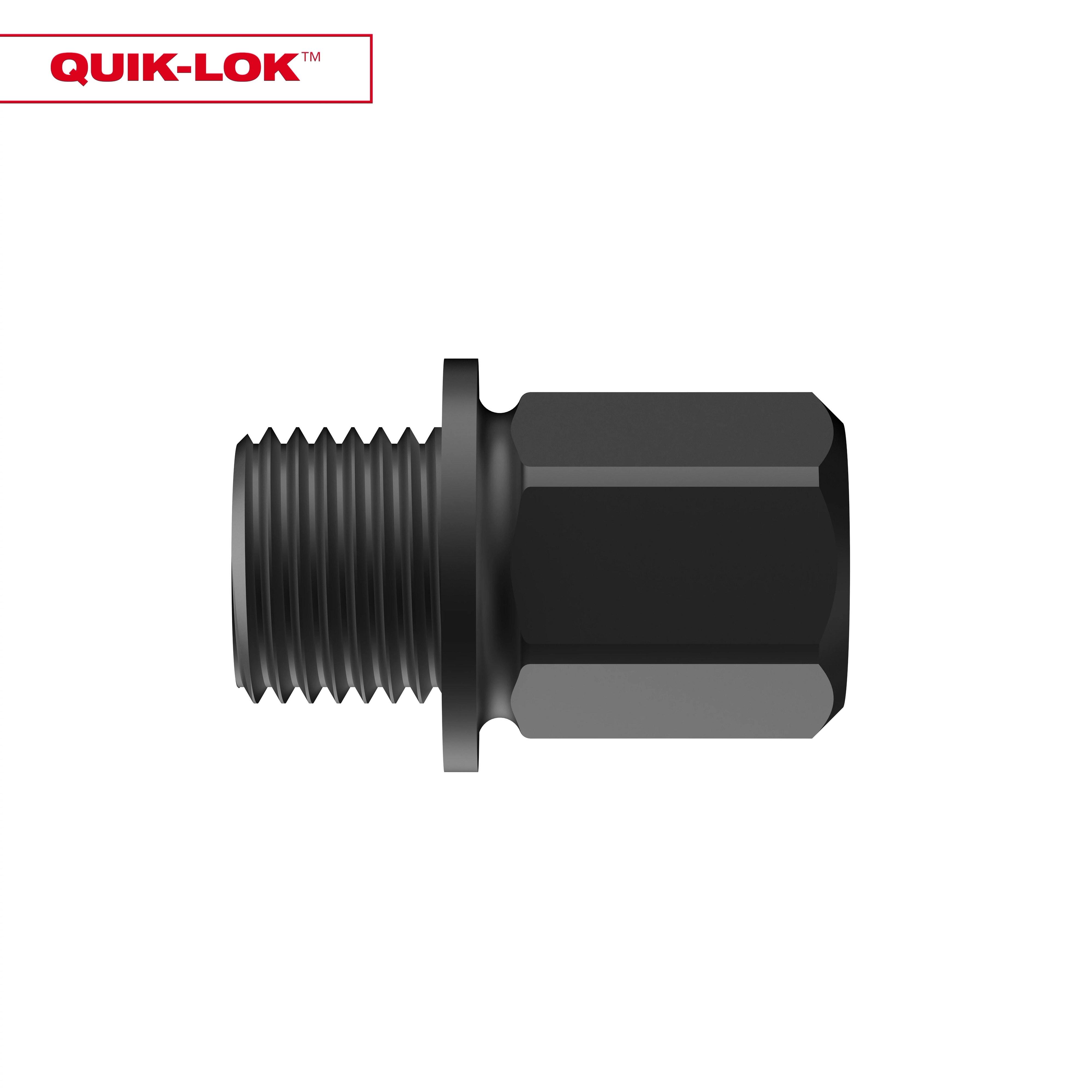 5PK Small Adapters for QUIK-LOK™ Arbors are black, hexagonal-shaped metal pieces with a threaded end, designed for tool compatibility.