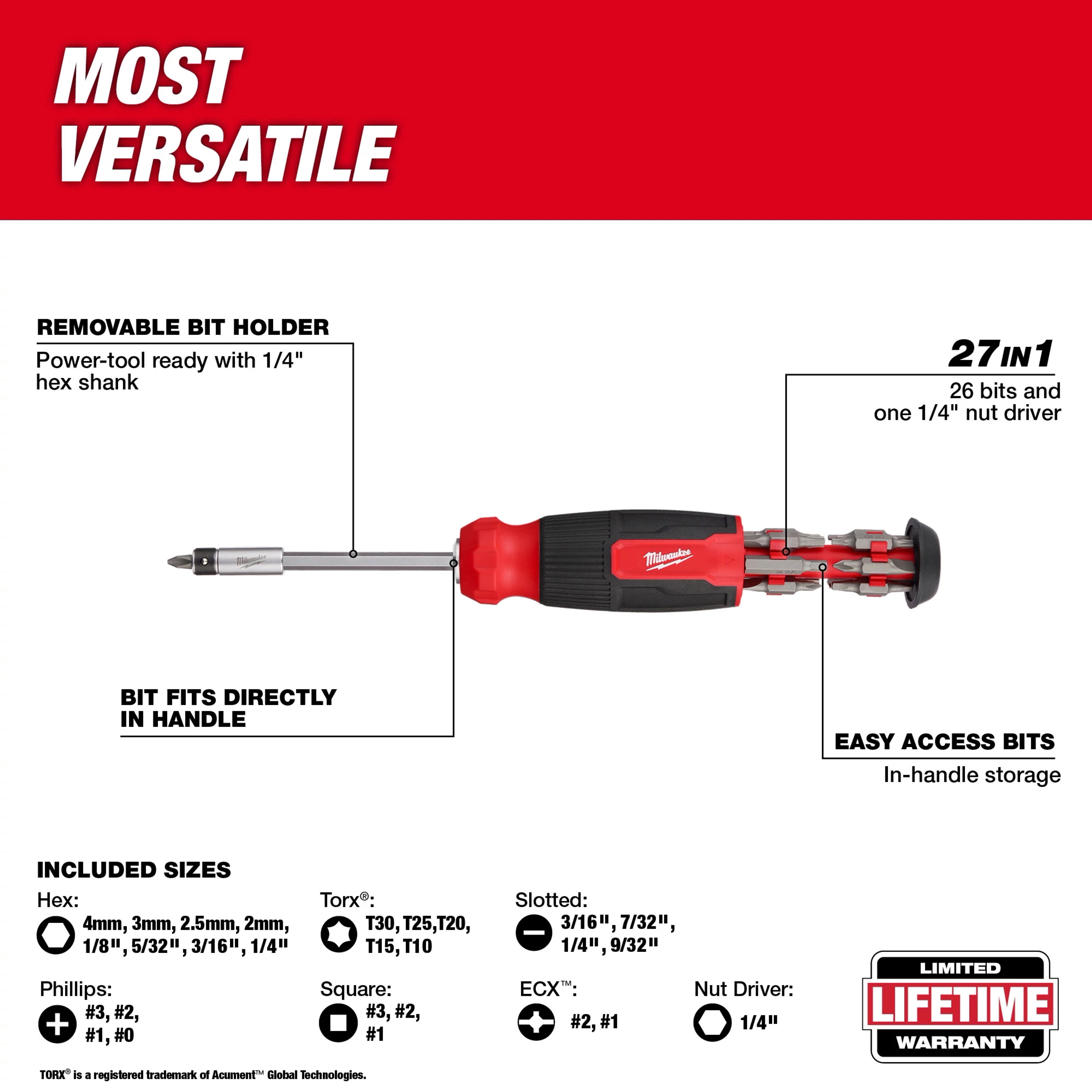 27-in-1 Multi-Bit Screwdriver with removable bit holder, 26 bits plus 1/4" nut driver, and in-handle storage. Includes multiple sizes.