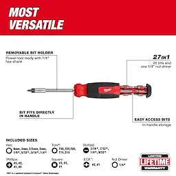 27-in-1 Multi-Bit Screwdriver with removable bit holder, 26 bits plus 1/4" nut driver, and in-handle storage. Includes multiple sizes.