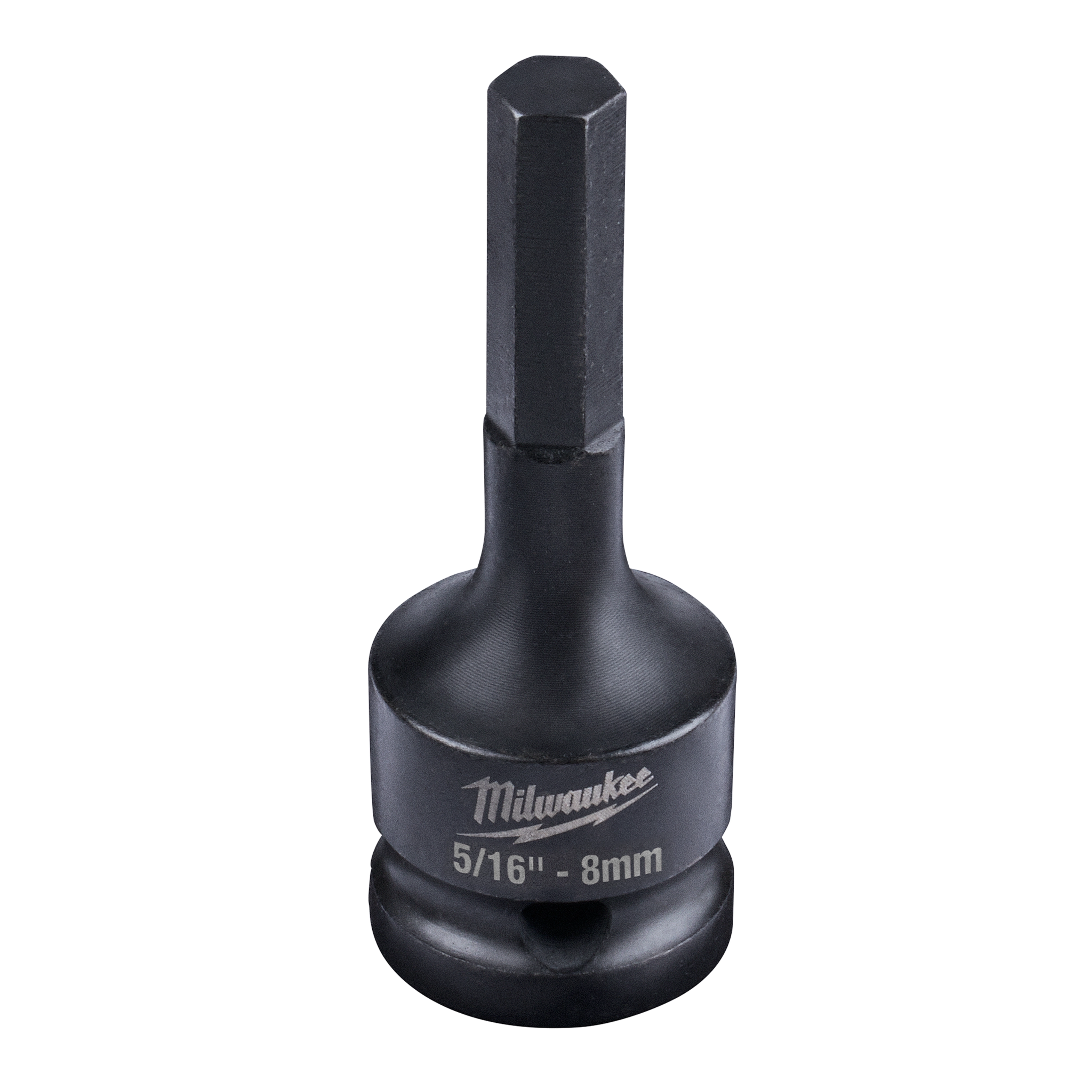 Black 1/2" Drive 5/16" Hex Bit Socket with a hexagonal shaft and the brand name "Milwaukee" engraved on the body, along with "5/16" - 8mm".
