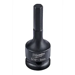 Black 1/2" Drive 5/16" Hex Bit Socket with a hexagonal shaft and the brand name "Milwaukee" engraved on the body, along with "5/16" - 8mm".