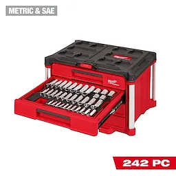 Milwaukee PACKOUT 242-piece 1/4”, 3/8”, and 1/2” drive metric and SAE ratchet and socket set displayed in a red and black 4-drawer tool box. The top drawer is open, showing organized sockets and tools. The box is marked “Metric & SAE” and “242 PC” in white and red text.