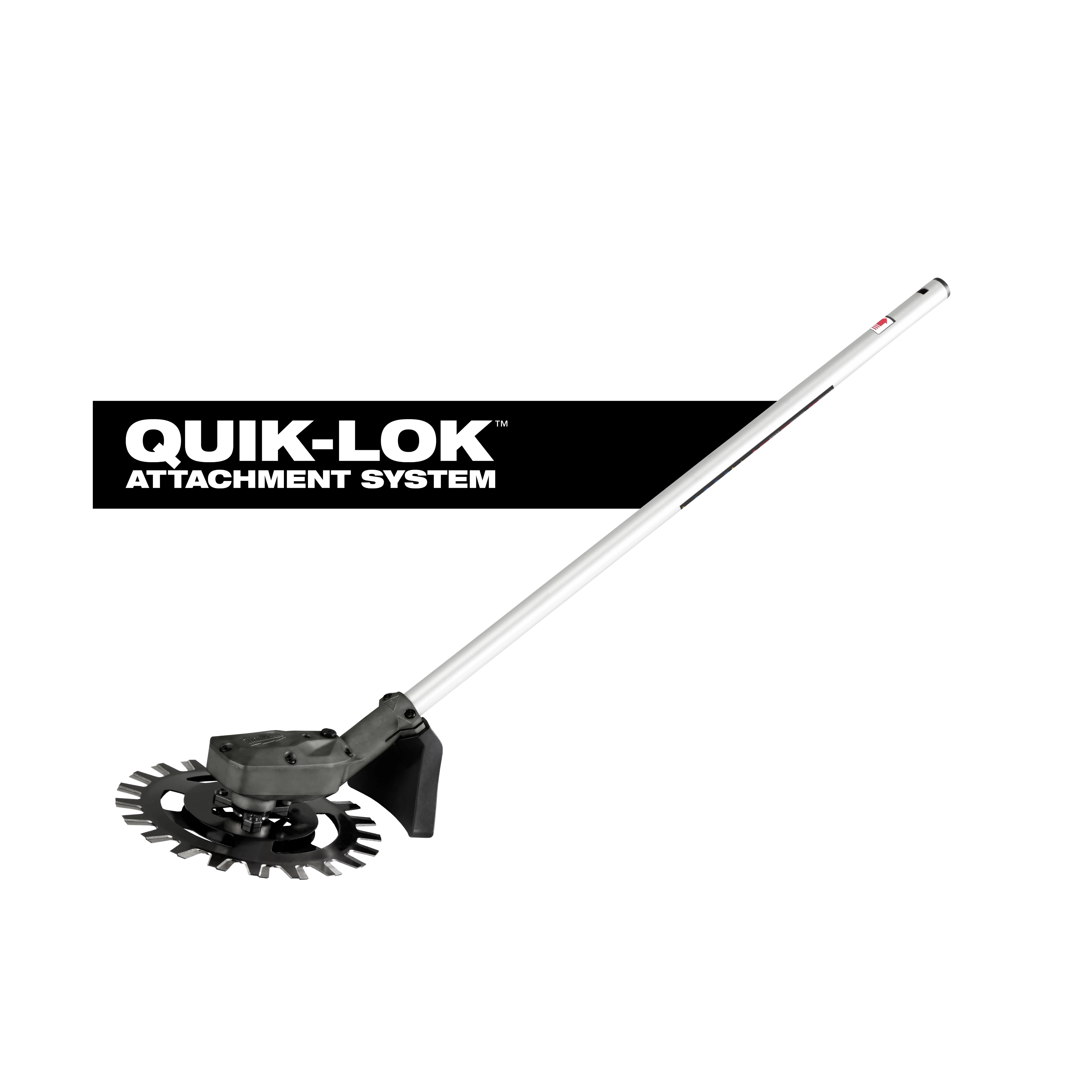 QUIK-LOK Reciprocator Attachment with a long handle and circular blade against a plain background.