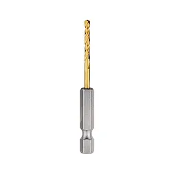 The Red Helix Titanium Impact Drill Bit features a gold-colored titanium coating and silver, hexagonal shank. The drill bit has a twisted design for enhanced drilling performance. It's designed for high durability and is suitable for impact drivers.