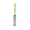 The Red Helix Titanium Impact Drill Bit features a gold-colored titanium coating and silver, hexagonal shank. The drill bit has a twisted design for enhanced drilling performance. It's designed for high durability and is suitable for impact drivers.