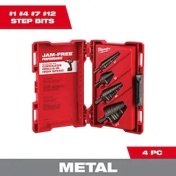 The image shows the Milwaukee 48-89-9223 Black Oxide Step Bit set, which includes four step bits in a red, hard plastic case. The bits are numbered #1, #4, #7, and #12, and are designed for use with cordless drills, offering jam-free performance.