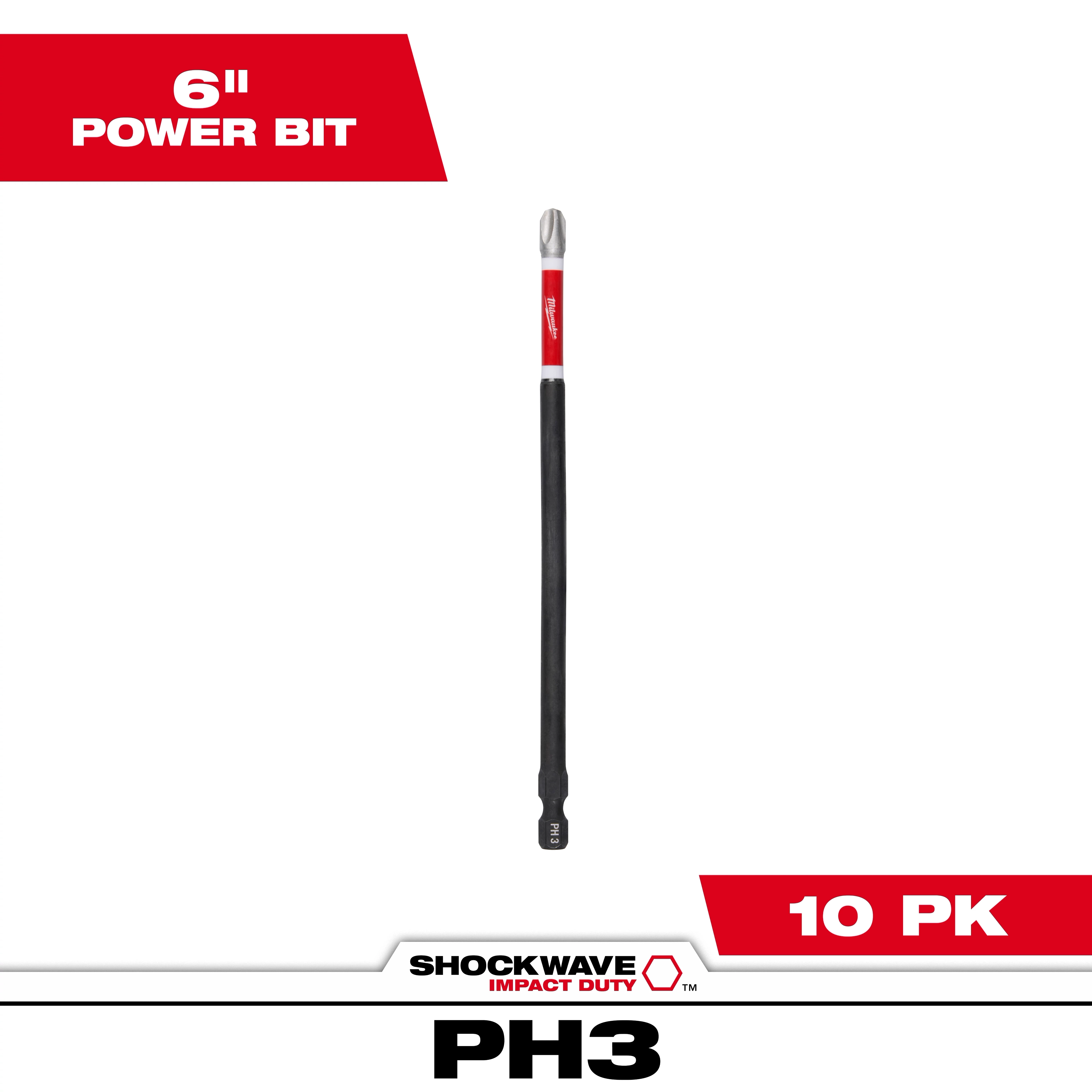 The image shows a single SHOCKWAVE™ 6" Impact Duty Phillips #3 Power Bit from a pack of 10. The bit is black with a red and white label near the tip, designed for heavy-duty use in impact drivers.