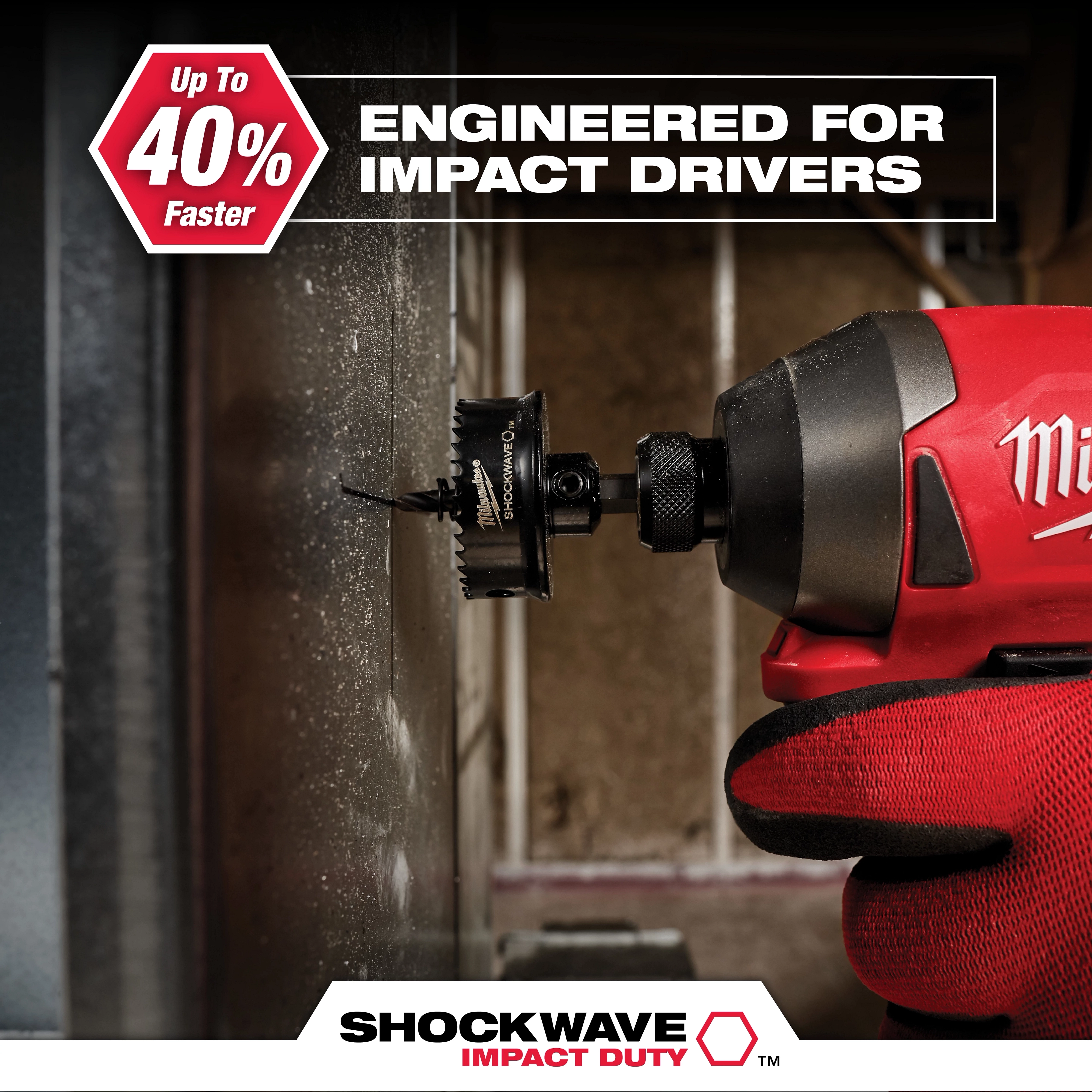 Shockwave Hole Saw USP attached to a red impact driver cutting through a metal surface. Text reading "Up to 40% Faster" and "Engineered for Impact Drivers."