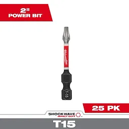 The image displays a SHOCKWAVE™ 2" Power Bit TORX® T15, Bulk 25 pack. The power bit has a two-tone design with a red and white shaft labeled "Milwaukee" and a black base marked "T15". The image highlights key features and package quantity.