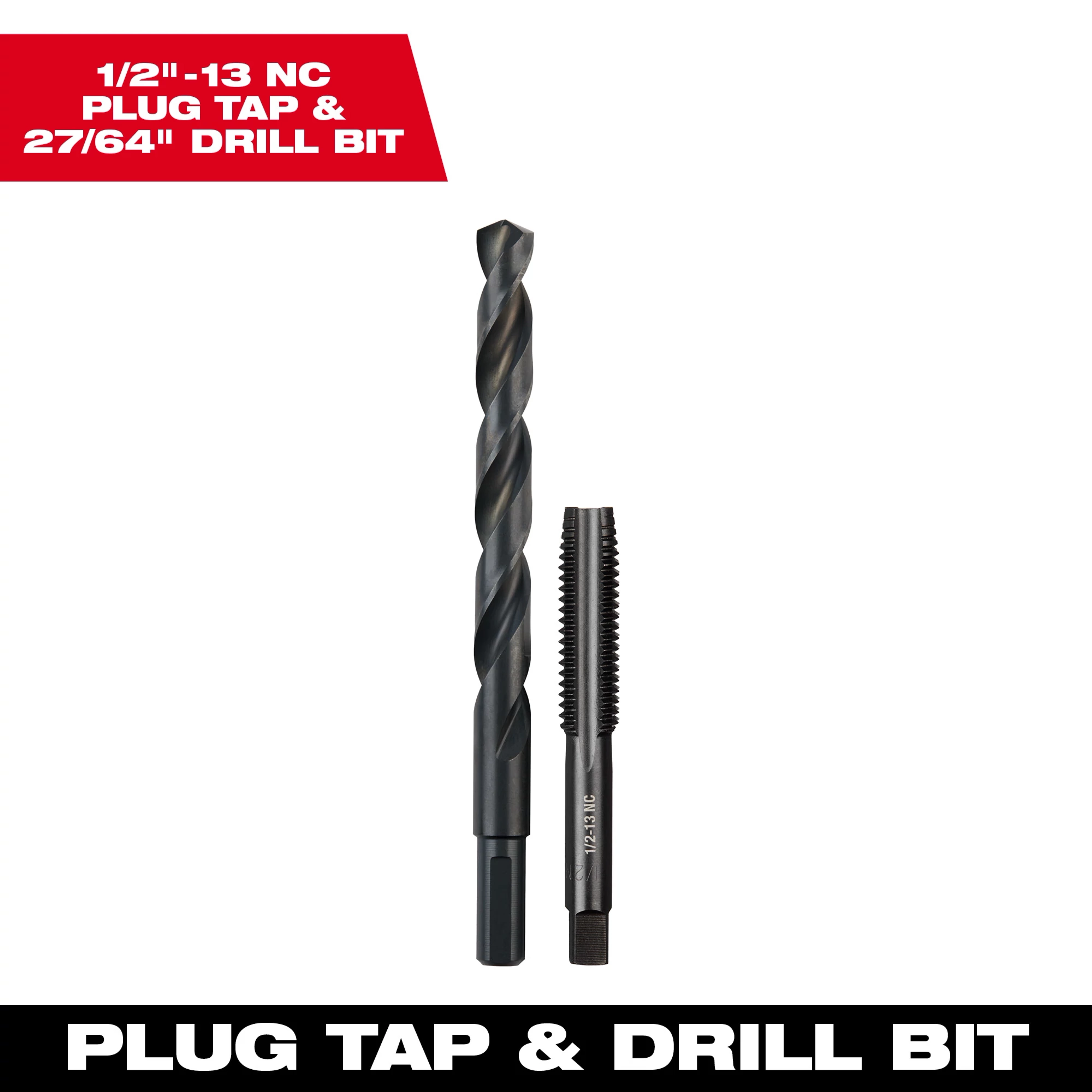 1/2"-13 NC straight flute plug tap and 27/64" drill bit set. Includes a twisted drill bit and a thread tap, posed against a white background.