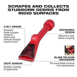 AIR-TIP Debris Scraper with red ergonomic handle, chiseled blade, and sight window. Features blade release mechanism for easy use.