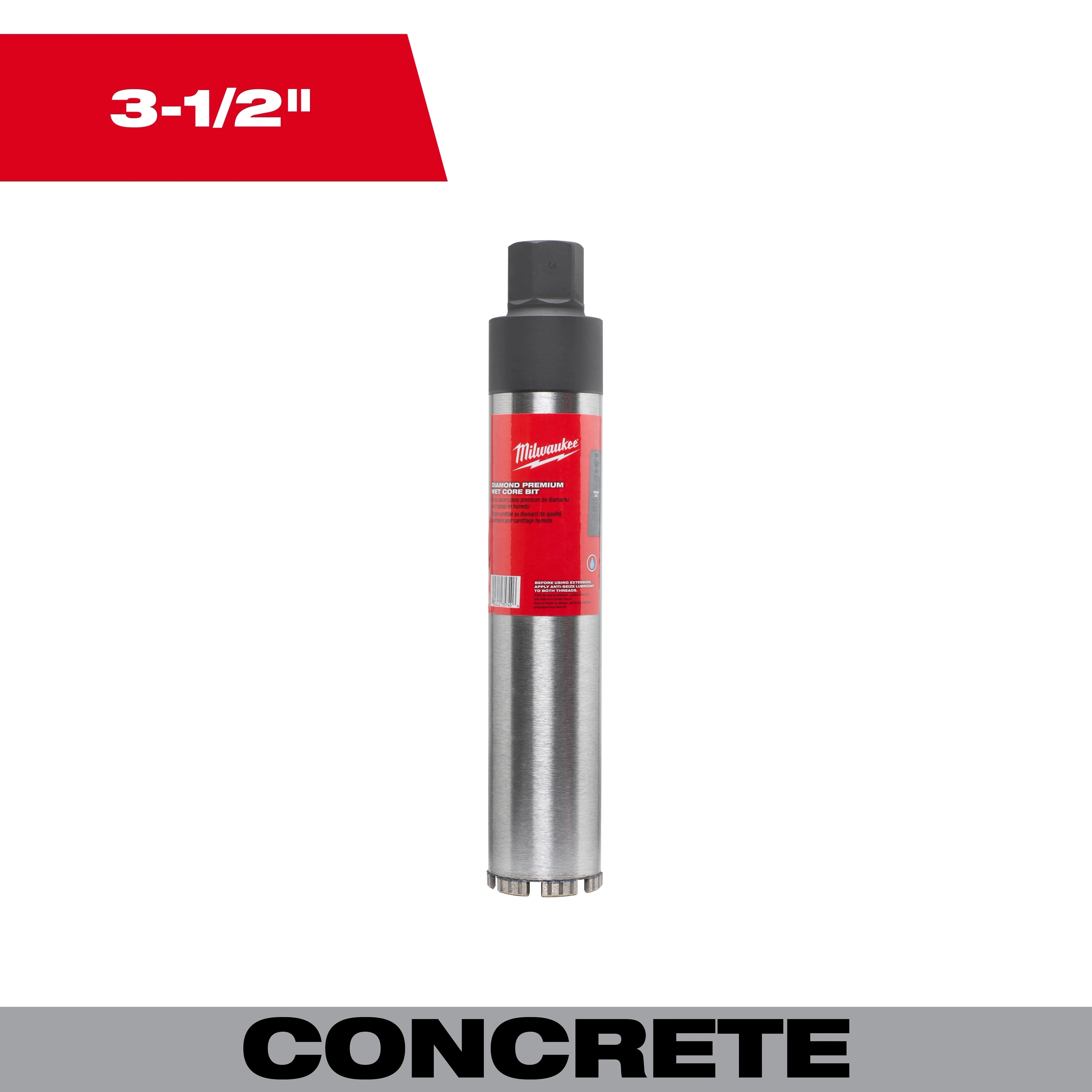 3-1/2" Diamond Premium Wet Core Bit designed for drilling into concrete, featuring a cylindrical metal body with a red label.
