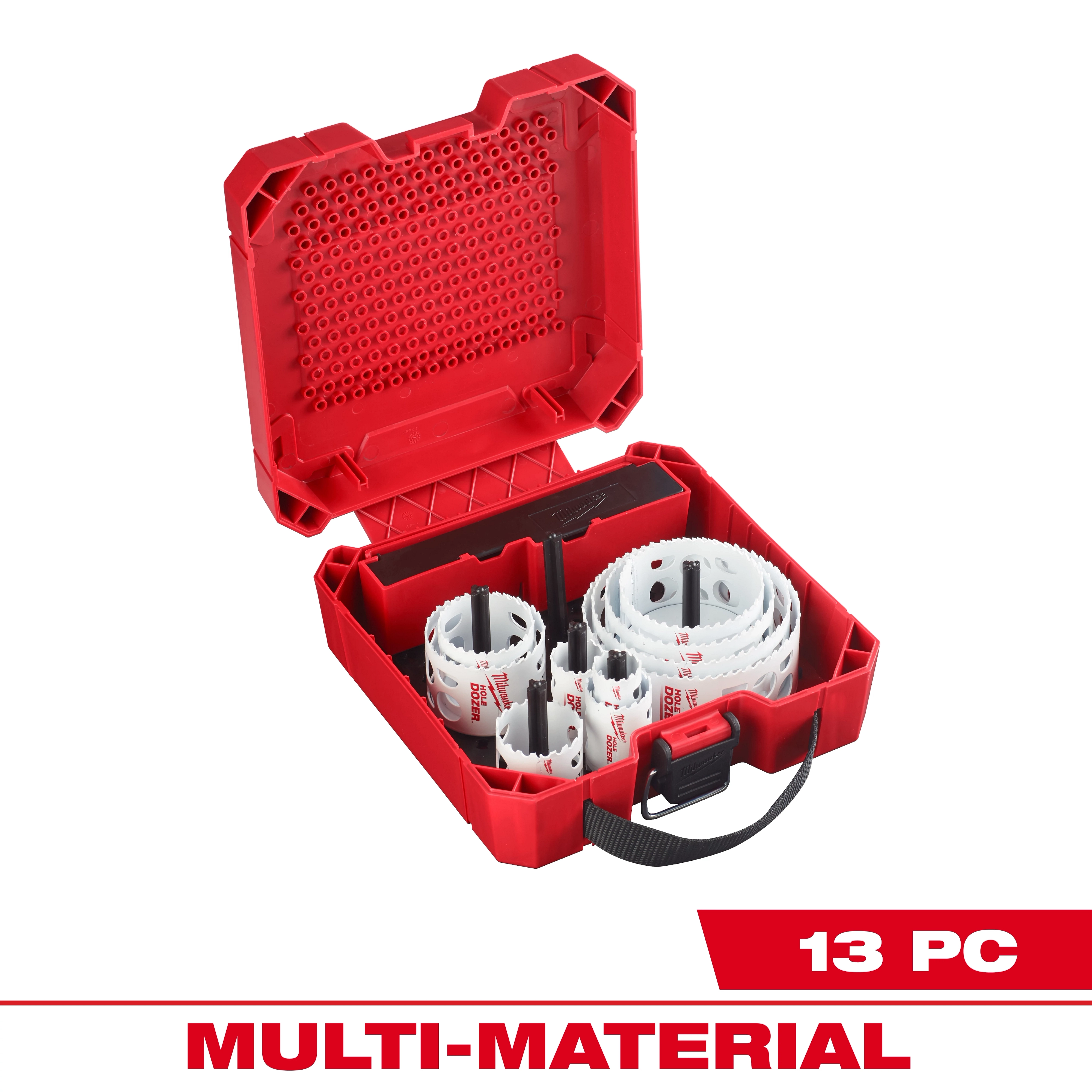 13PC HOLE DOZER Electrician's Hole Saw Kit in a red case. Includes various hole saws and accessories, marked "MULTI-MATERIAL."