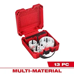 13PC HOLE DOZER Electrician's Hole Saw Kit in a red case. Includes various hole saws and accessories, marked "MULTI-MATERIAL."