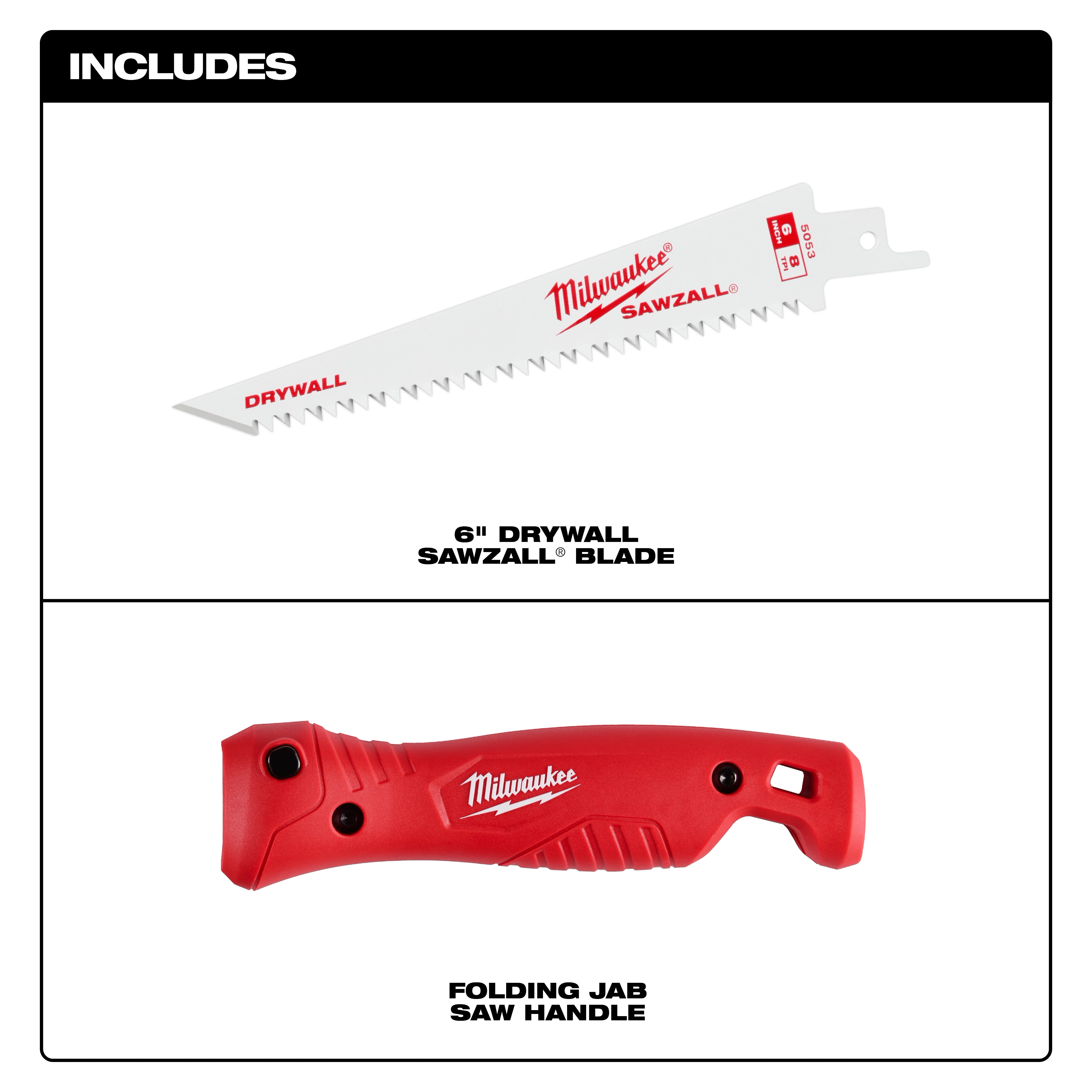 Folding Jab Saw includes a 6-inch drywall saw blade and a red ergonomic handle with white branding.