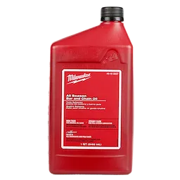 1 Quart All Season Bar and Chain Oil is a red container labeled Milwaukee. It is suitable for all chainsaws and pole saws, ensuring high tack and steady flow for optimal oil sling and full system lubrication. The bottle has a black cap and contains 946 milliliters.