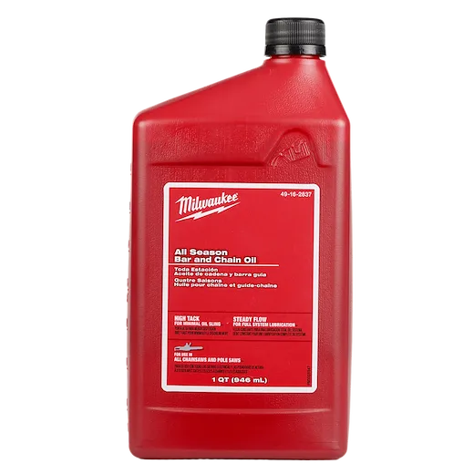 1 Quart All Season Bar and Chain Oil is a red container labeled Milwaukee. It is suitable for all chainsaws and pole saws, ensuring high tack and steady flow for optimal oil sling and full system lubrication. The bottle has a black cap and contains 946 milliliters.