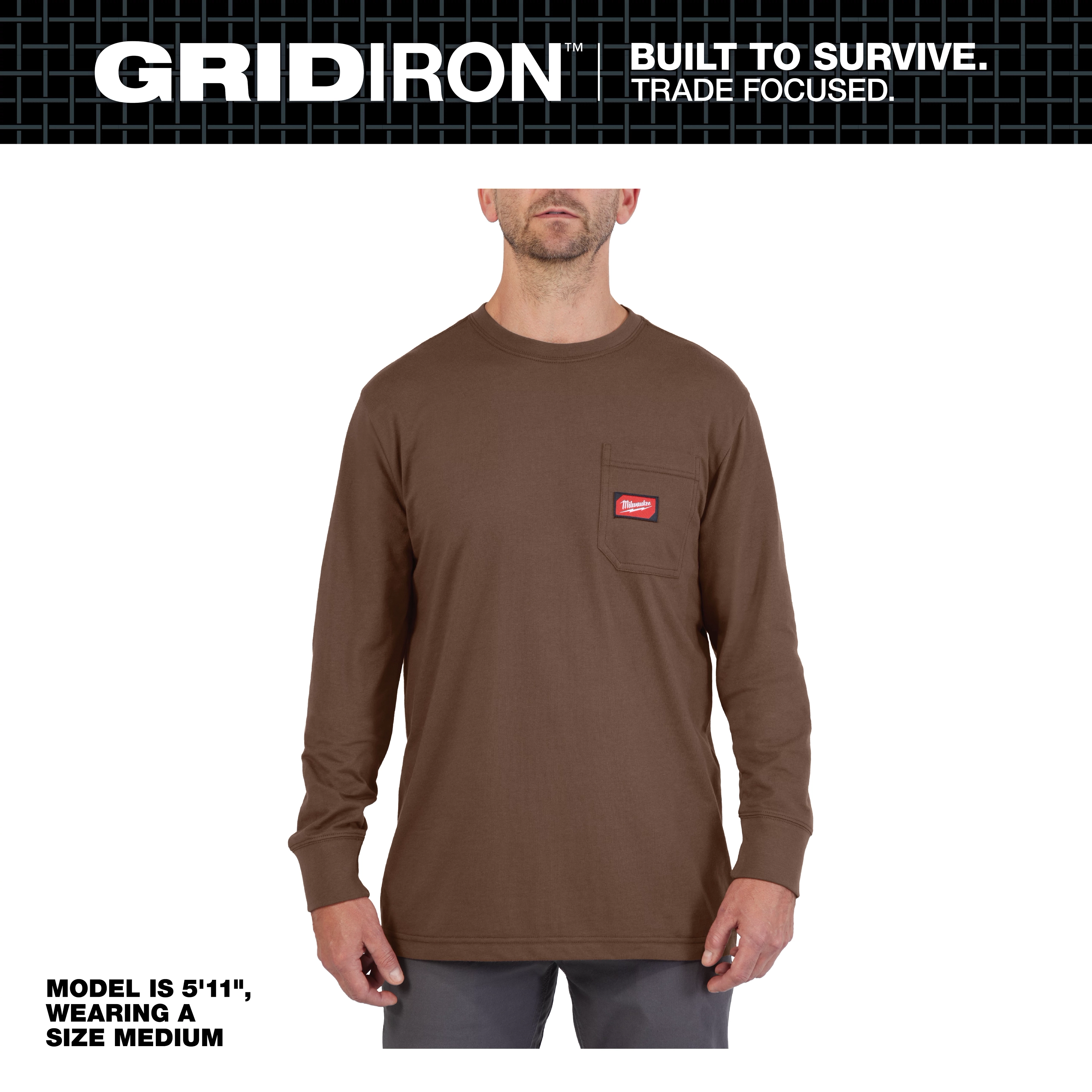 Model wearing a size medium, brown GRIDIRON Pocket T-Shirt - Long Sleeve. The shirt has a chest pocket with a red logo patch.