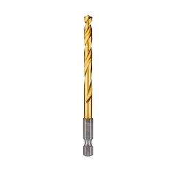 The Red Helix Titanium Impact Drill Bit features a gold titanium-nitride coating and a silver hex shank. Designed for durability and precision, the bit has a twisted flute to facilitate efficient drilling through various materials. Ideal for impact drivers and drills, it is suitable for professional and DIY use.