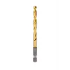 The Red Helix Titanium Impact Drill Bit features a gold titanium-nitride coating and a silver hex shank. Designed for durability and precision, the bit has a twisted flute to facilitate efficient drilling through various materials. Ideal for impact drivers and drills, it is suitable for professional and DIY use.