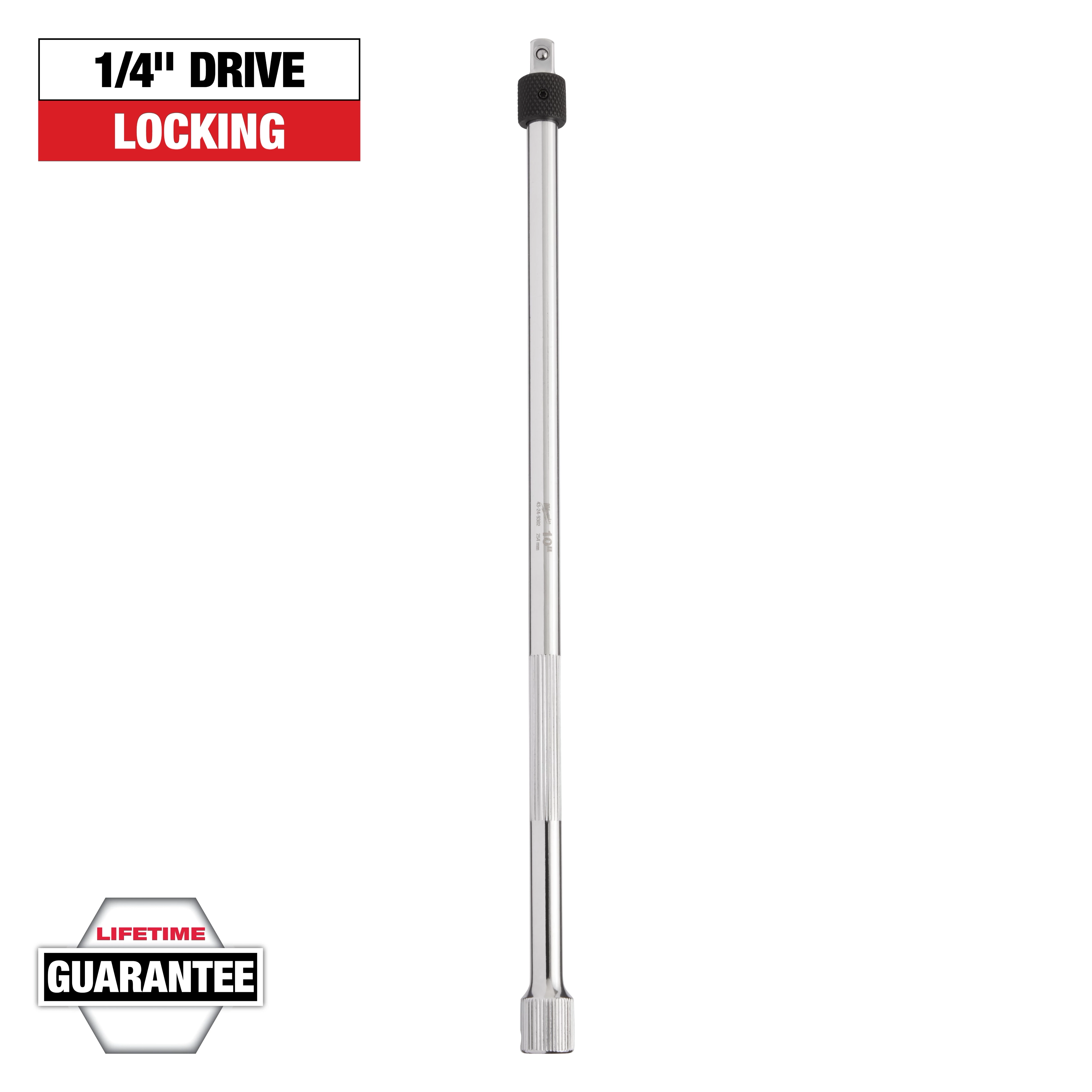The image shows a 1/4-inch drive locking extension bar. The bar is chrome-finished with a knurled grip section. The background includes text indicating a lifetime guarantee.