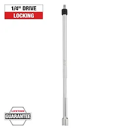 The image shows a 1/4-inch drive locking extension bar. The bar is chrome-finished with a knurled grip section. The background includes text indicating a lifetime guarantee.