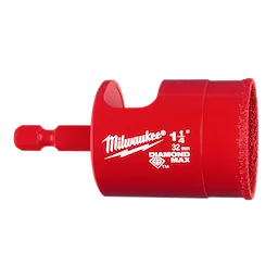 Red 1-1/4" Diamond Max Hole Saw Bit with brand name in white text, featuring a hexagonal shank and grit edge.