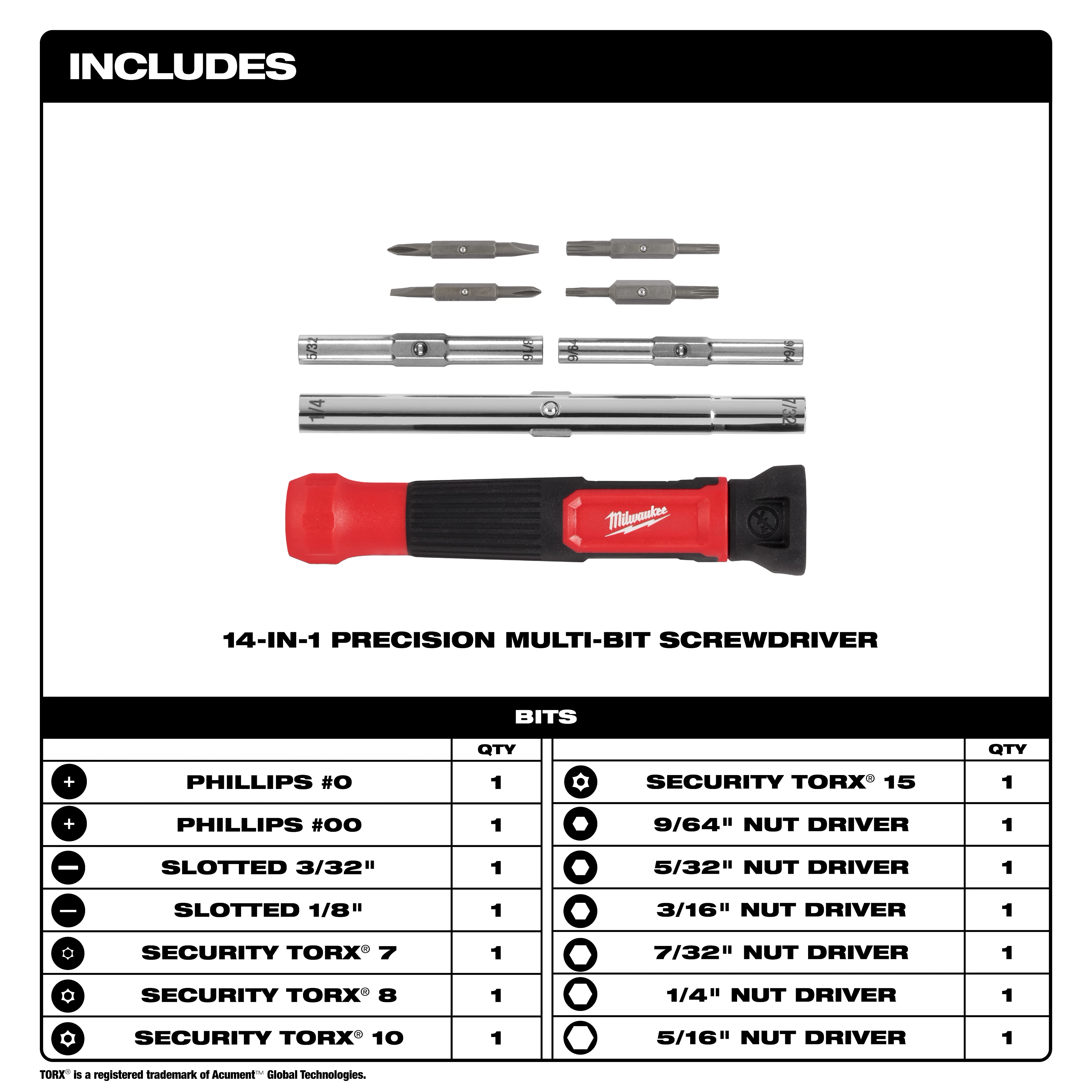 14-in-1 Precision Multi-Bit Screwdriver with bits including Phillips, slotted, security TORX, and various nut drivers.